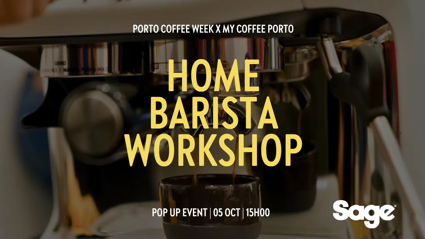 Porto Coffee Week x My Coffee Porto: Home Barista Workshop, pop-up event, 5 October, 15:00, sponsored by Sage — espresso pouring from a home machine into a cup